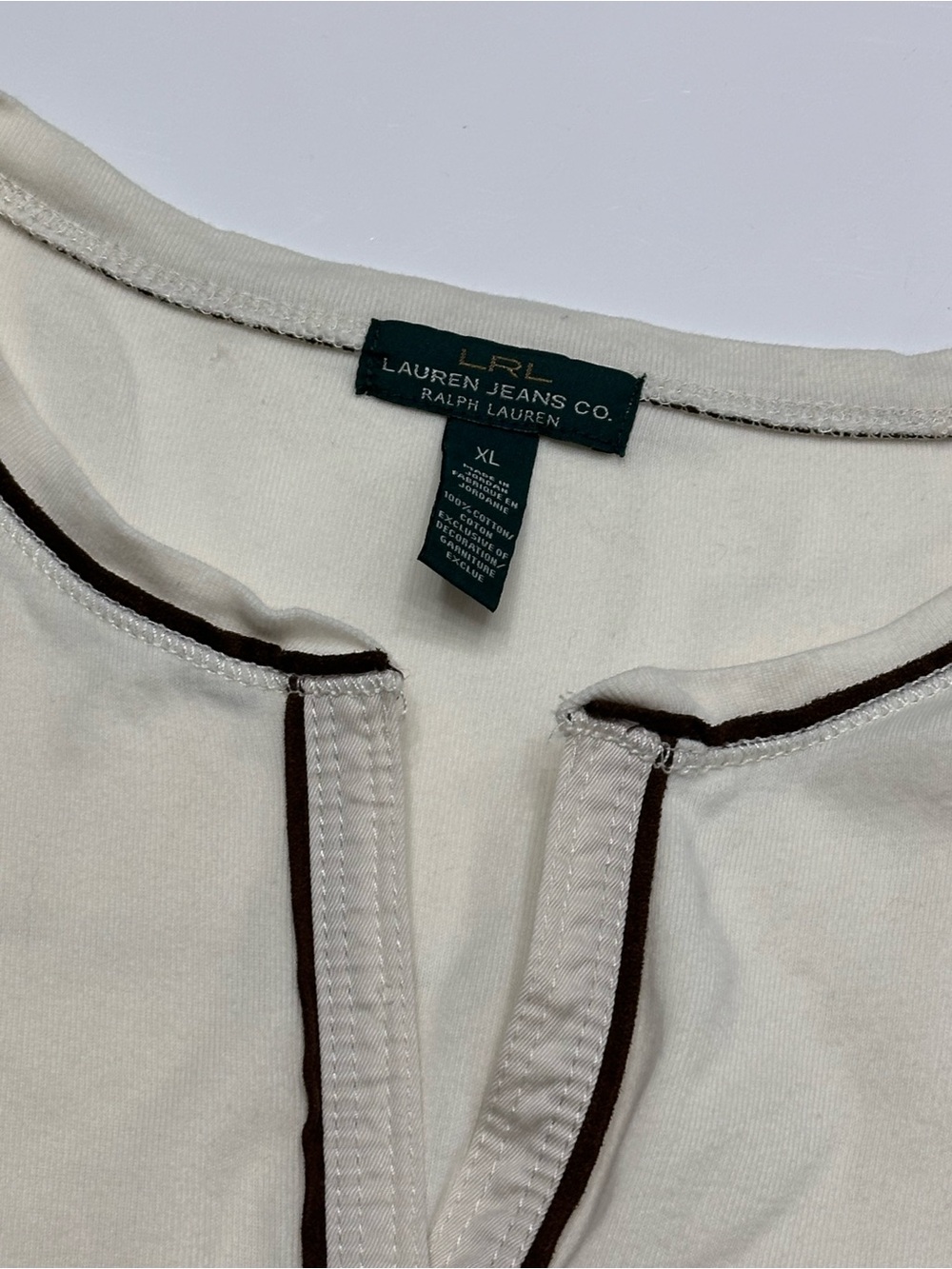 Lauren Jeans Co Ralph Lauren Cream Contrast Trim Henley Top XL Flaw - Picture 2 of 10